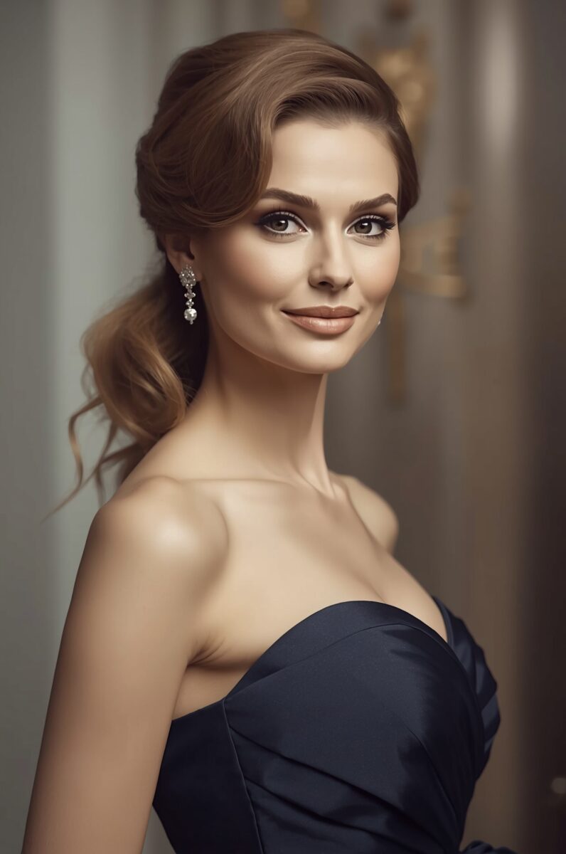 Elegant woman in black strapless dress with diamond earrings and upswept brown hair smiling gracefully