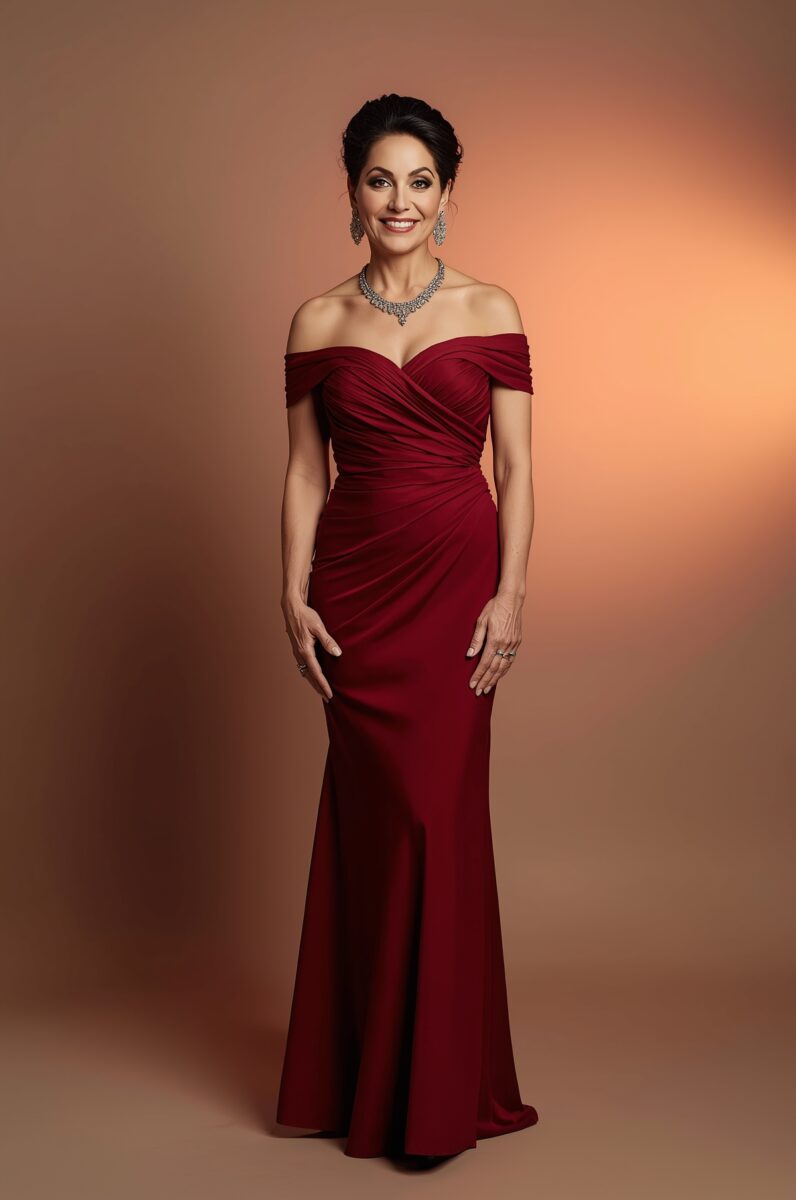Elegant woman in a fitted off-shoulder burgundy gown with diamond jewelry against a warm studio background