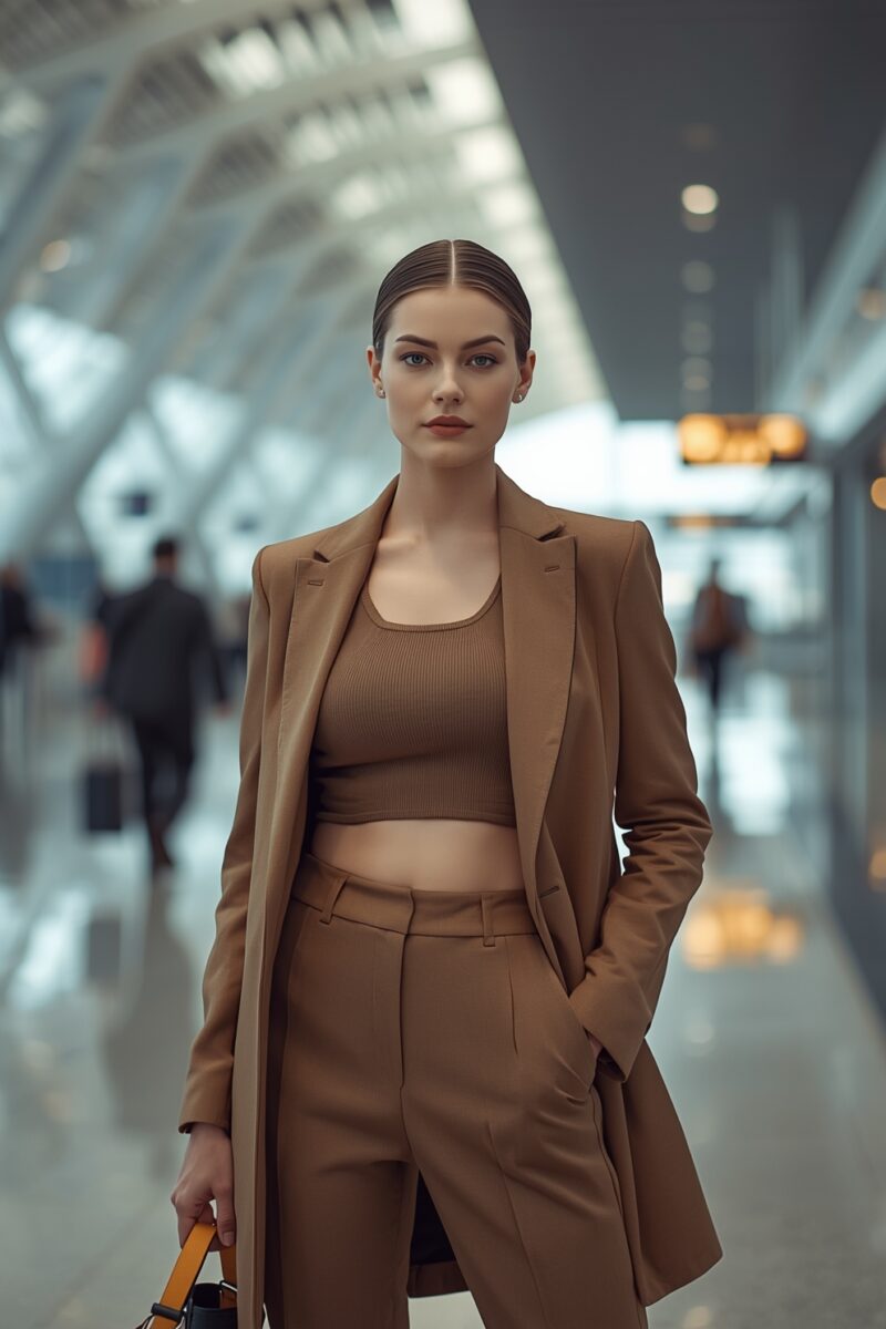 Woman in monochromatic camel brown blazer, crop top, and wide-leg trousers walking through modern airport terminal