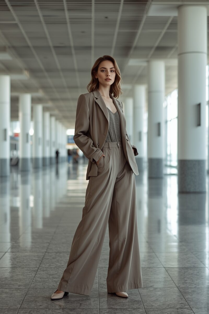 Woman in beige wide-leg pantsuit with gray top and white heels standing in modern airport terminal