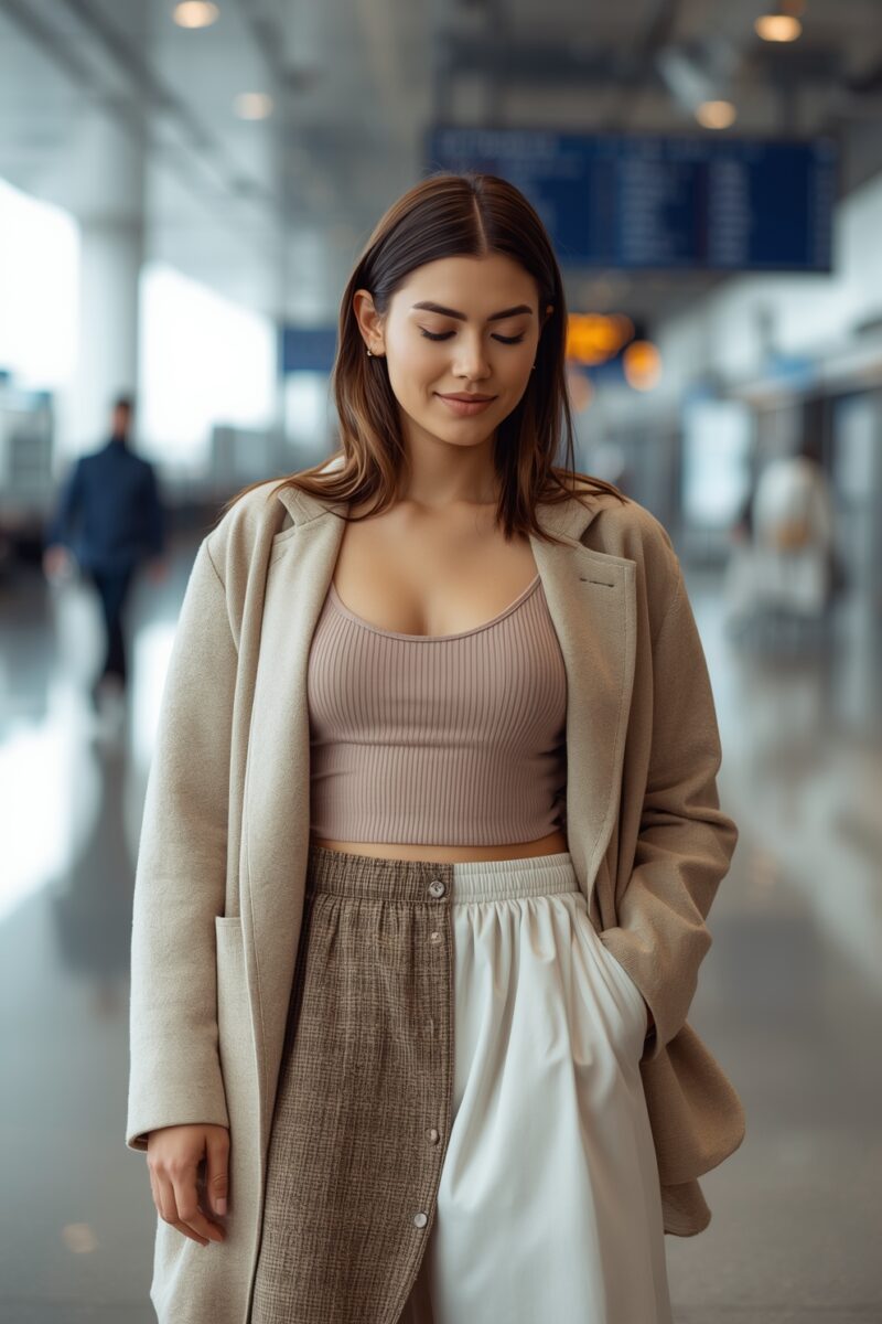 Young woman in beige coat and mauve ribbed crop top with wide-leg skirt standing in airport terminal