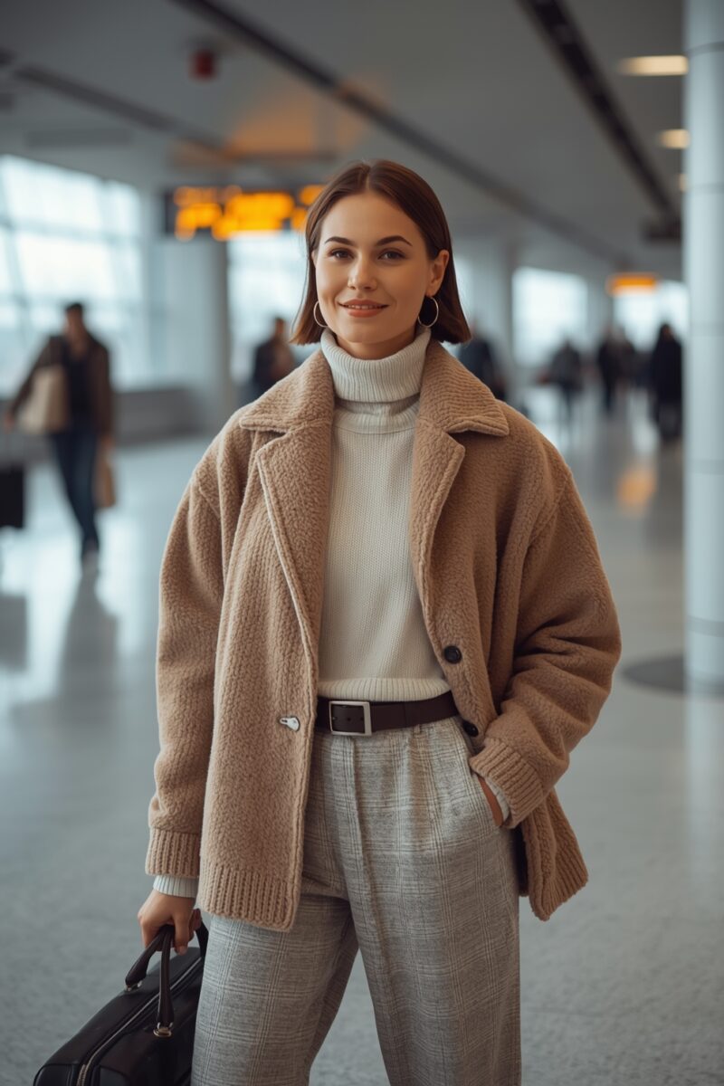 Stylish young woman in beige teddy coat and white turtleneck sweater walking through modern airport terminal with luggage