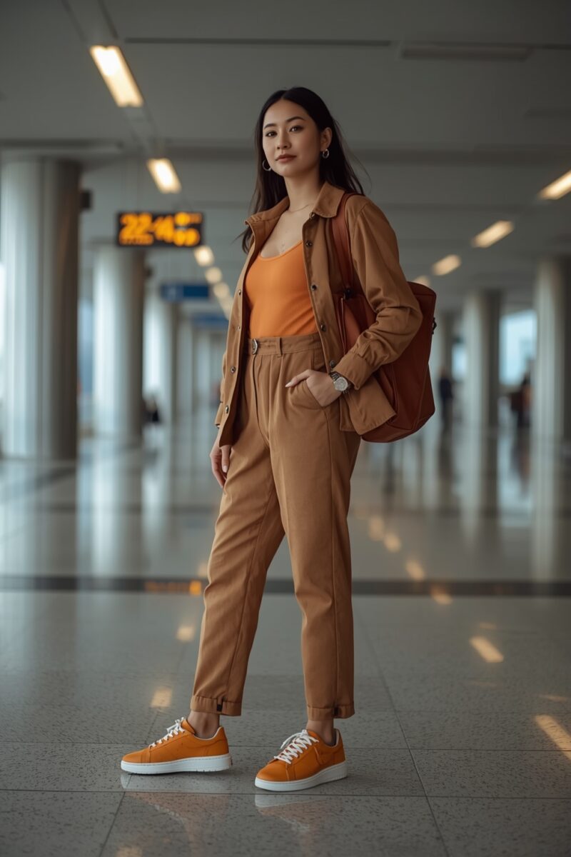 Young Asian woman in coordinated camel and orange travel outfit standing in airport terminal with backpack