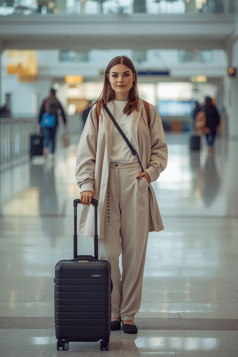 Young woman in beige outfit holding black carry-on luggage in airport terminal