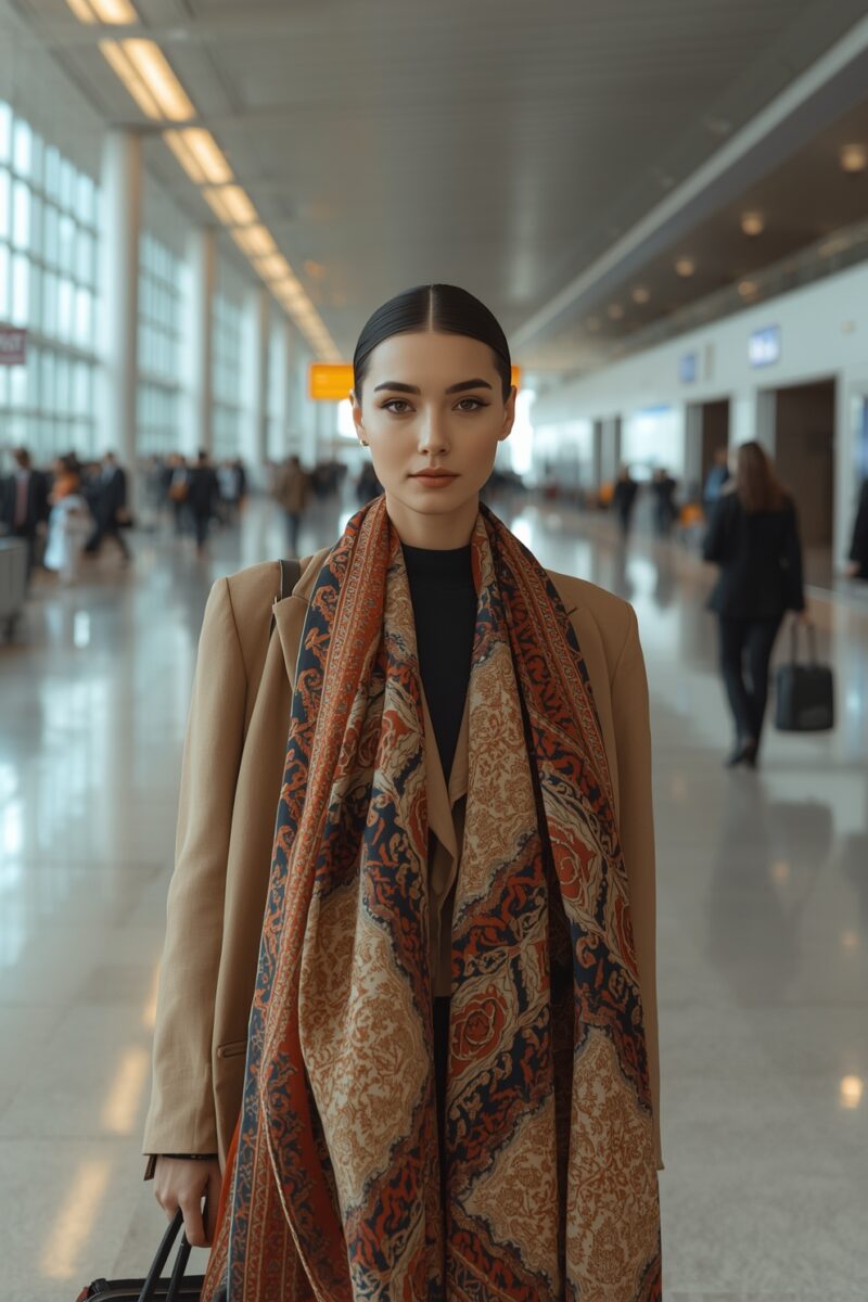 Stylish woman in camel coat and ornate paisley scarf standing in busy airport terminal with luggage