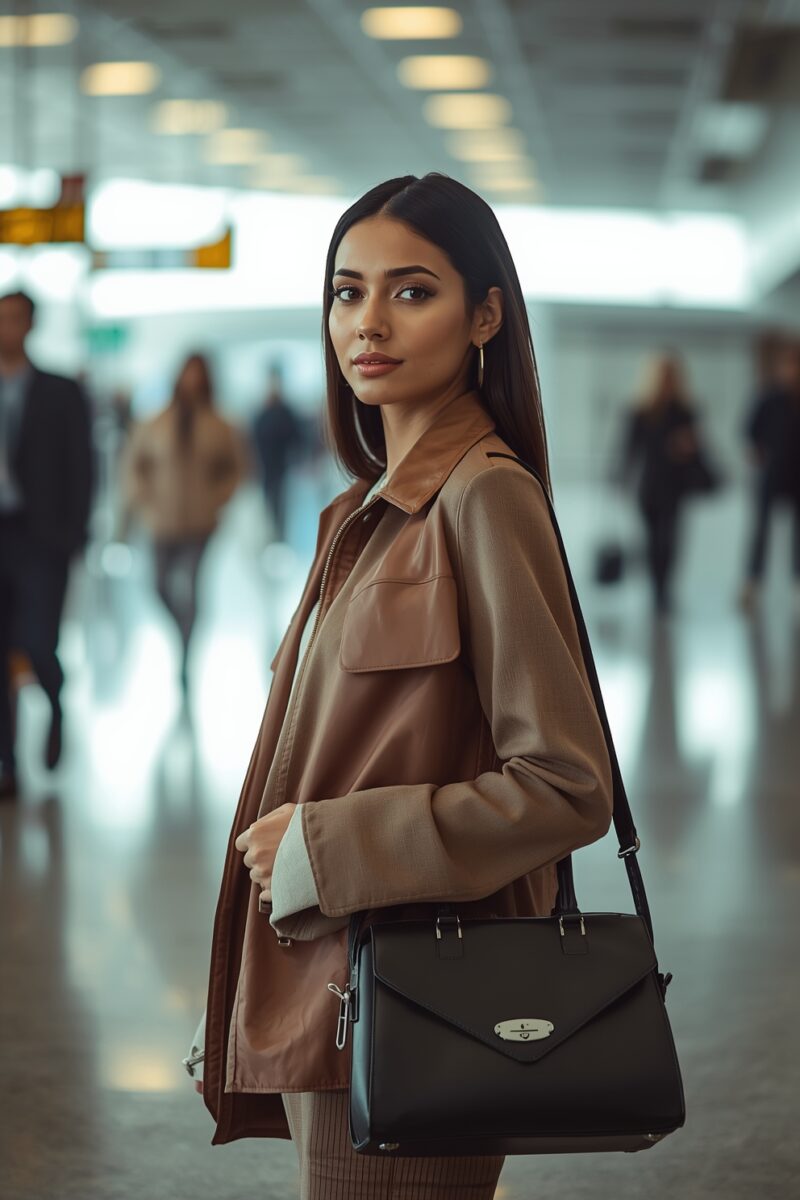 Stylish young woman in brown leather jacket carrying black structured handbag at busy airport terminal