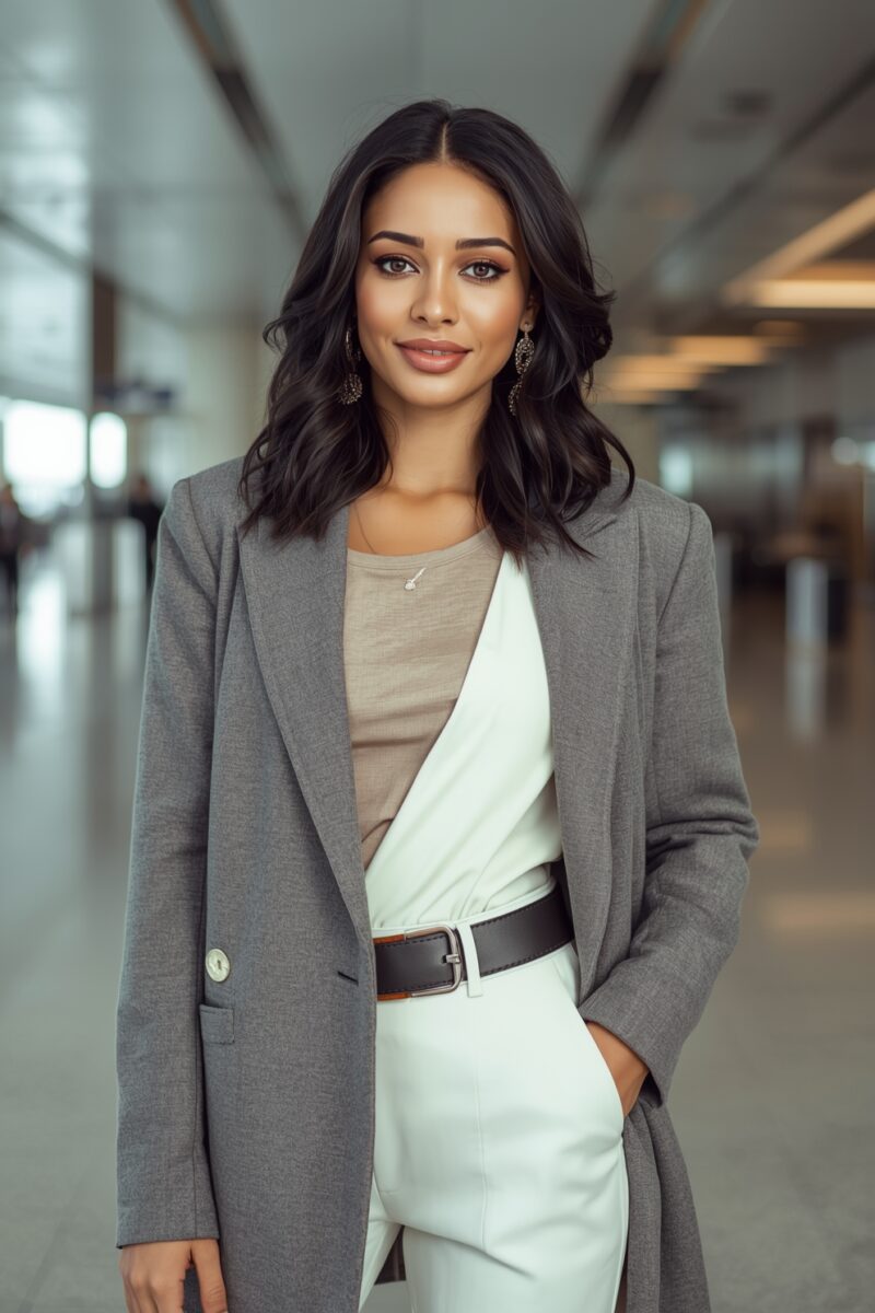 Professional woman in grey blazer, white pants, and belt standing in modern corridor