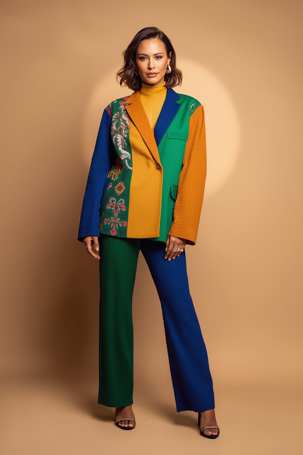Woman wearing colorblock blazer in blue, green, orange with floral print panel, matching wide-leg pants, and mustard turtleneck