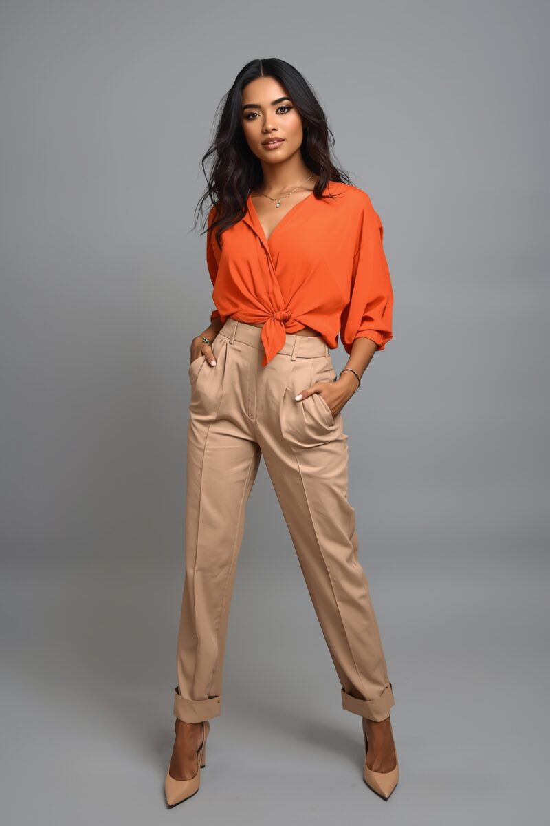 Woman wearing orange tie-front blouse with beige high-waist pleated trousers and nude heels