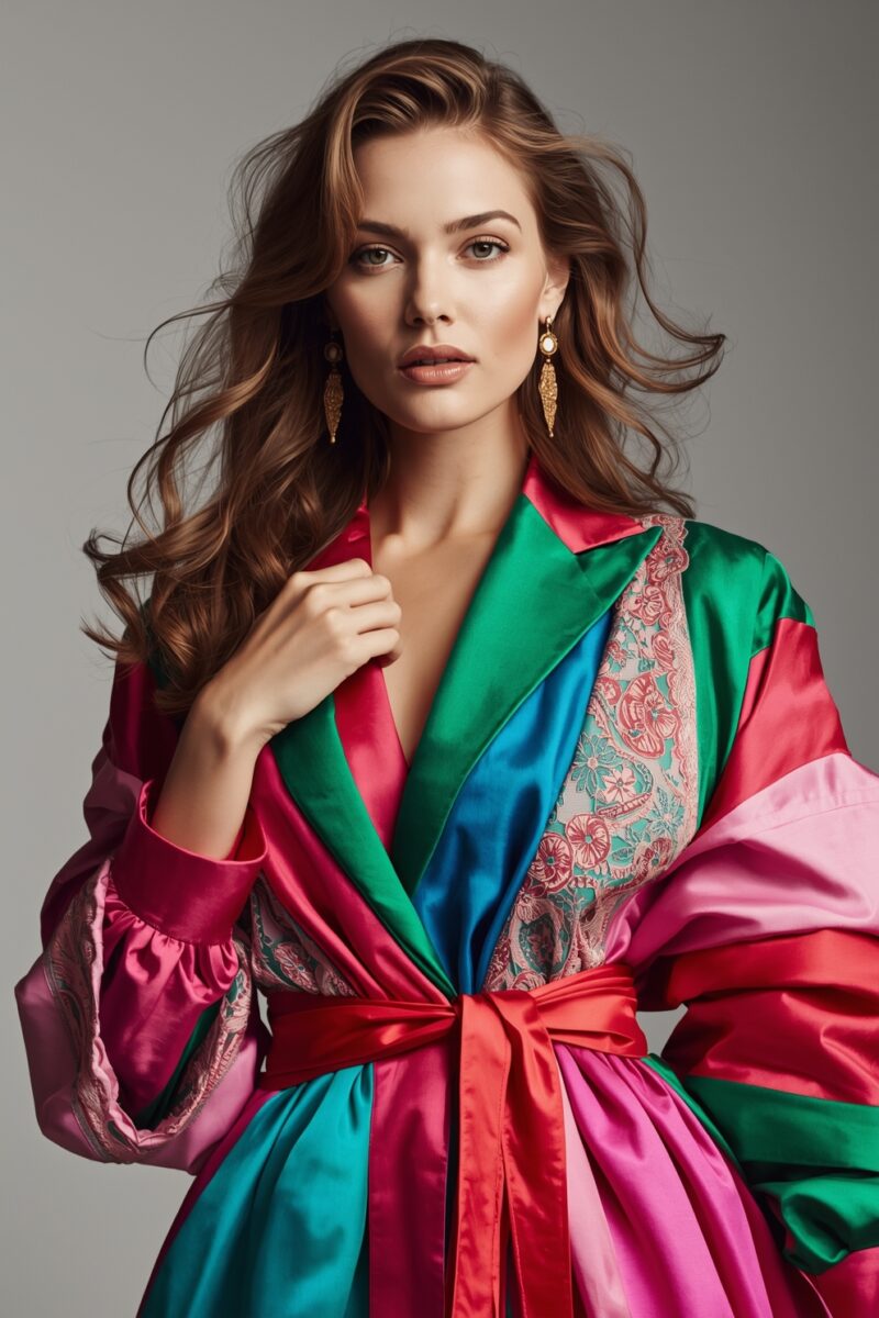 Woman in colorful silk satin robe with green, pink, teal, and red panels, wearing gold drop earrings