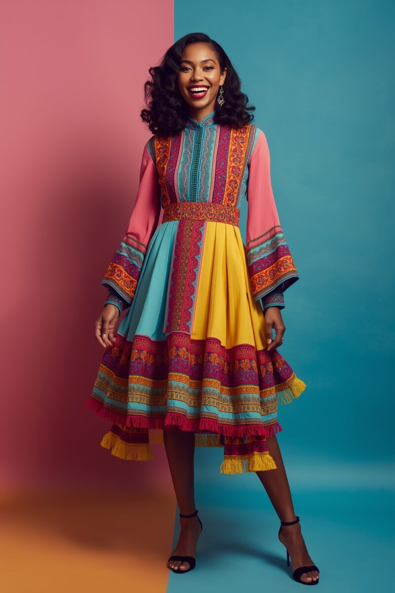 Woman smiling in vibrant multicolor embroidered midi dress with bell sleeves, tassels, and strappy heels against pink and teal background