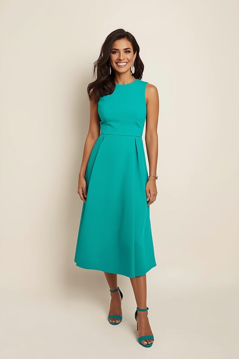 Woman wearing a teal midi dress with sleeveless fit-and-flare silhouette and matching heeled sandals