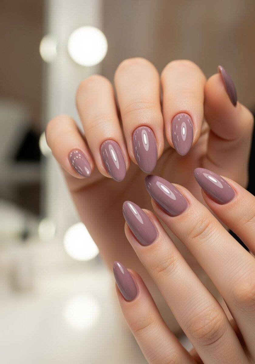 Close-up of two hands with glossy mauve-purple oval gel nails in a nail salon setting