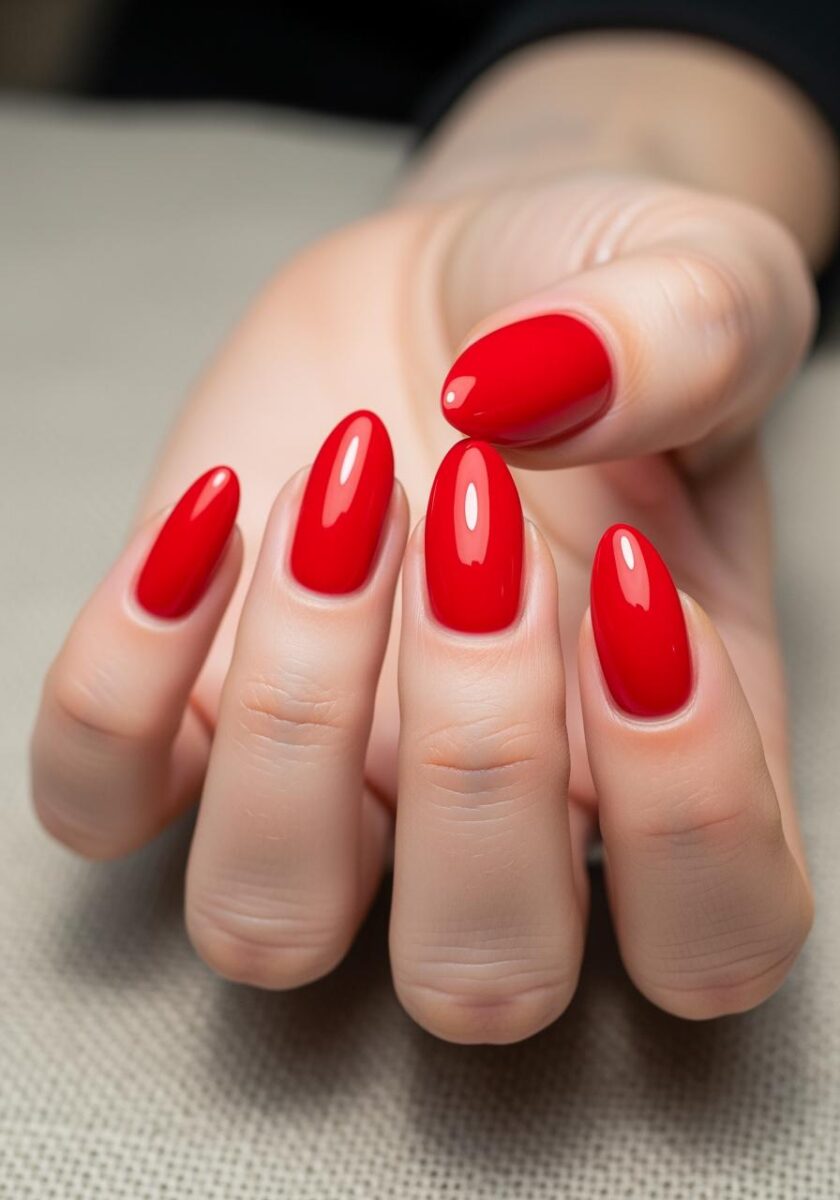 Close-up of a hand with glossy red almond-shaped gel nails on a light textured surface