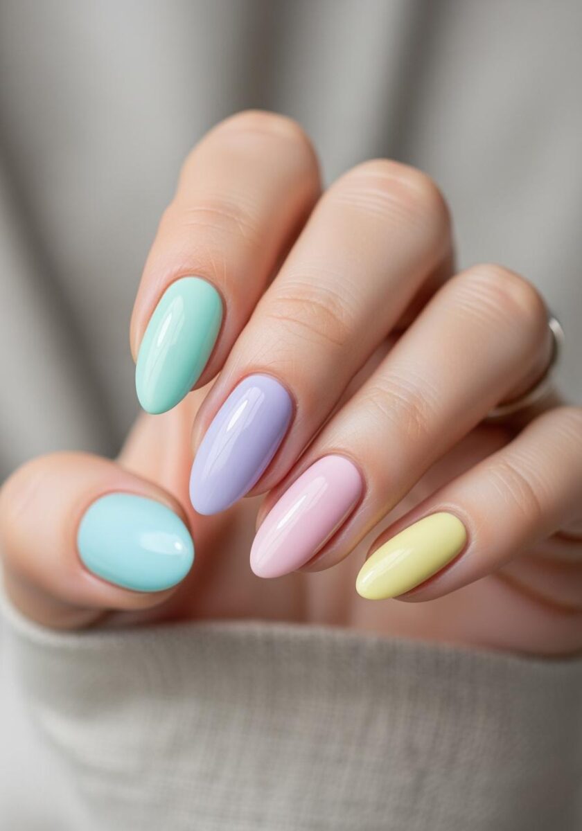 Close-up of a hand with almond-shaped nails painted in pastel rainbow colors including mint, lavender, pink, and yellow