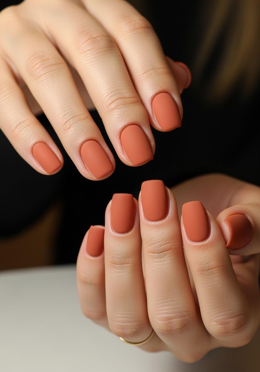 Two hands with matte terracotta orange square-shaped nails, one hand wearing a delicate gold ring
