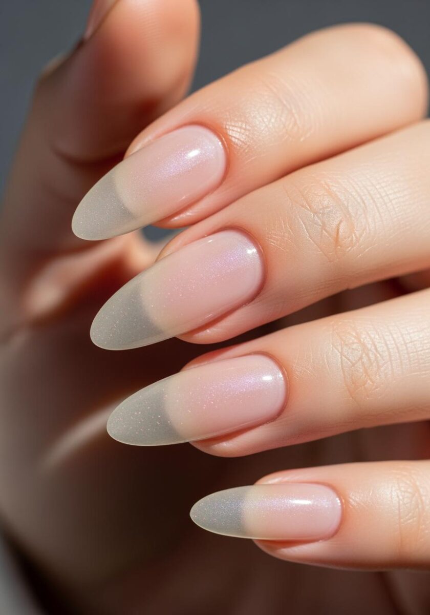Close-up of almond-shaped nails with sheer pink-to-frosted white ombre gradient and subtle shimmer finish