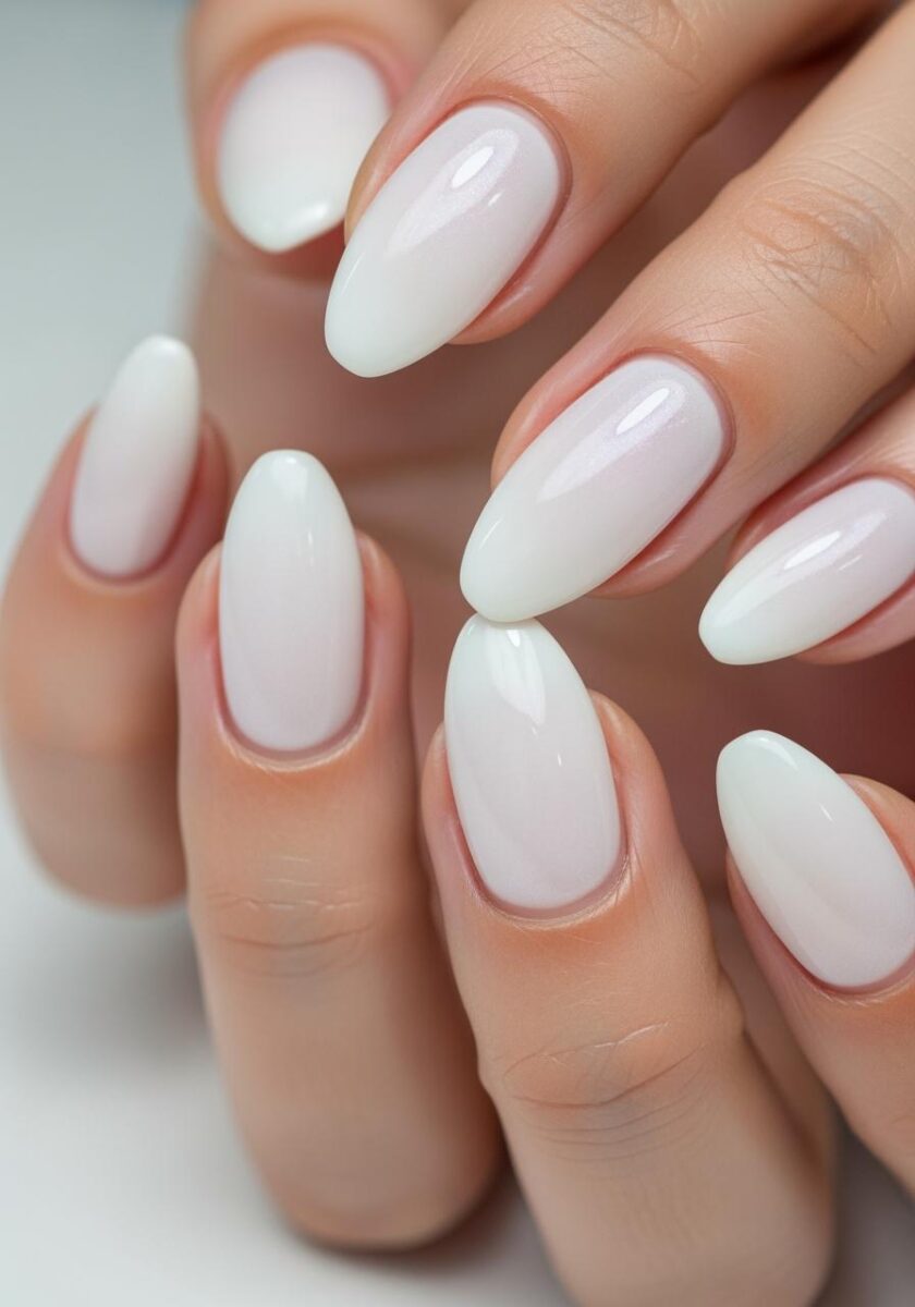 Close-up of two hands with glossy white almond-shaped gel nails on fair skin