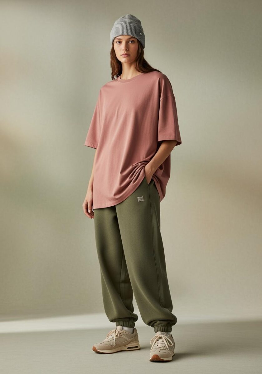 Woman wearing oversized pink t-shirt, olive green jogger sweatpants, gray beanie, and beige Nike sneakers