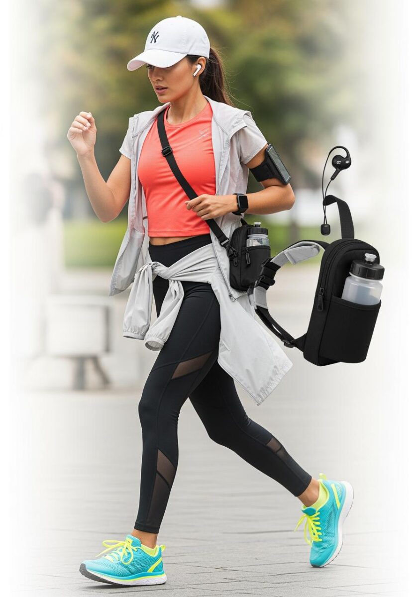 Female runner in coral top, black leggings, teal sneakers, white NY cap, carrying water bottles and fitness bag