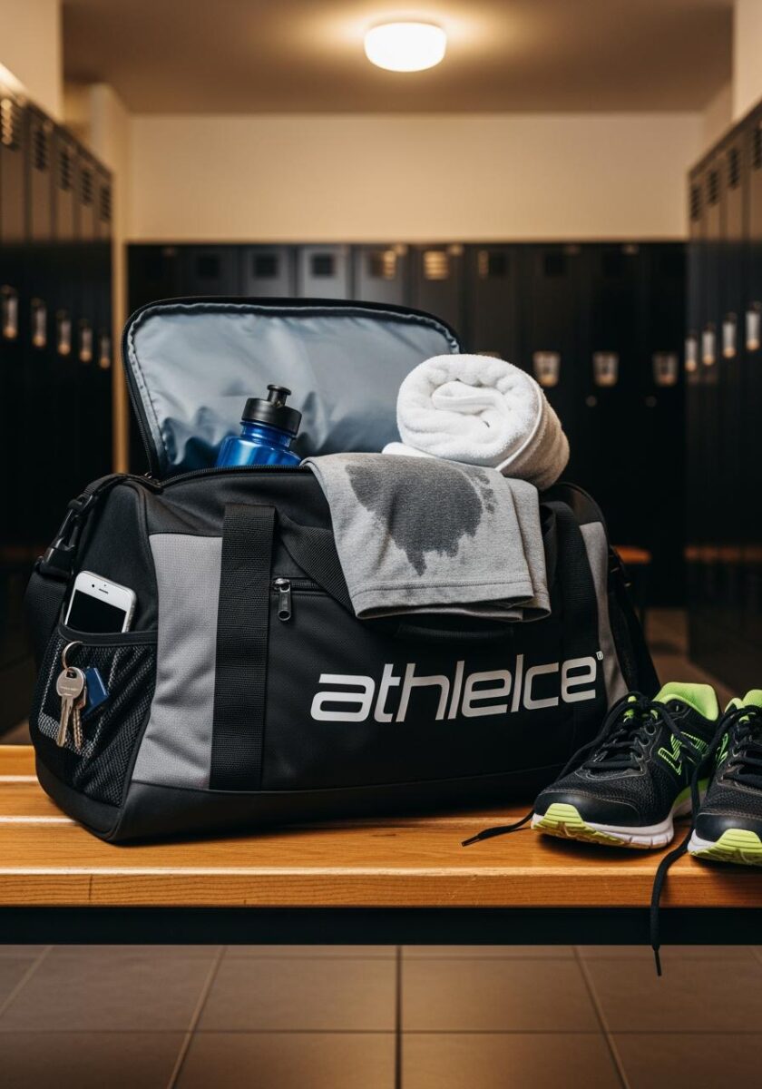 Open black Athletce gym duffel bag on locker room bench with water bottle, towels, sneakers, phone, and keys