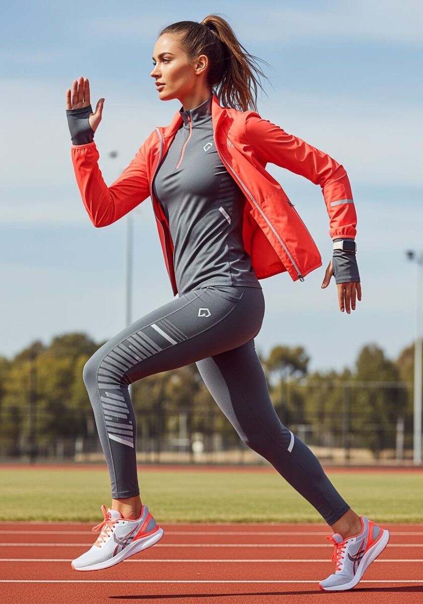 Female athlete in red jacket and gray compression leggings running on a red outdoor track