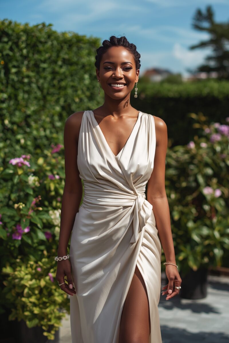 Smiling woman in elegant white draped gown posing in a lush garden with blooming flowers