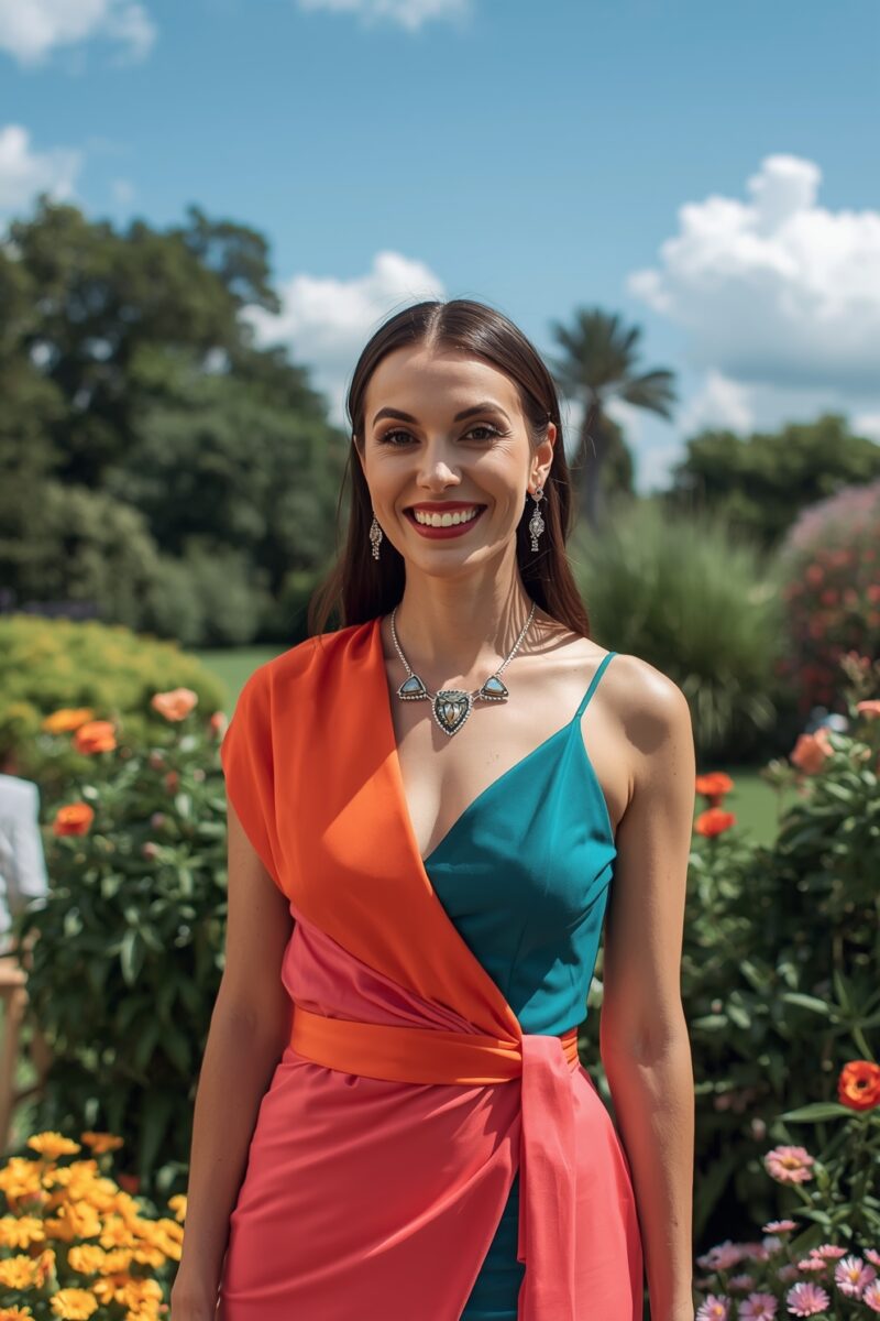 Smiling woman in colorblock teal, orange, and pink dress standing in a sunny garden with blooming flowers
