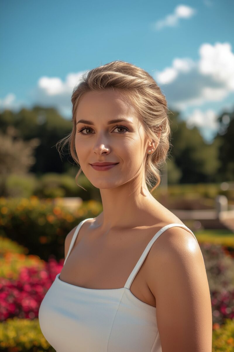 Young woman in white sundress smiling in a colorful garden with blue sky background