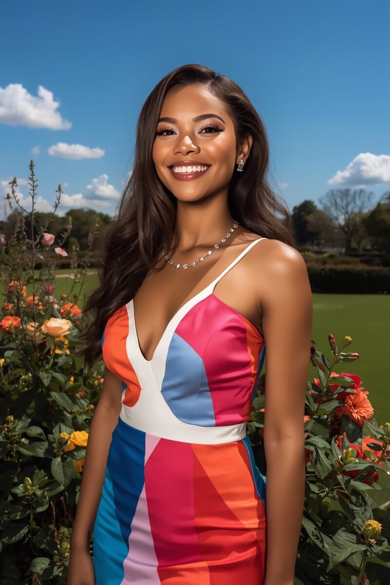 Young woman in colorful geometric dress smiling in a flower garden under blue sky