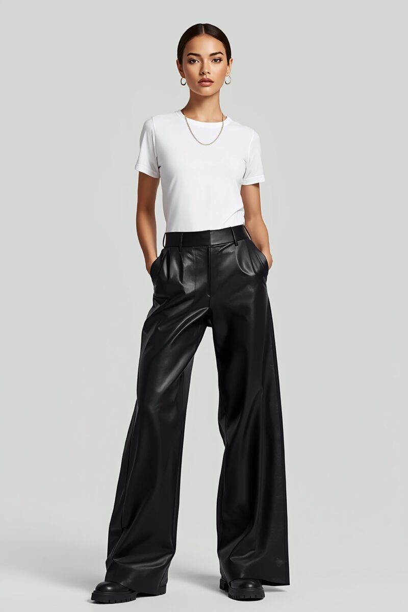 Woman wearing white fitted t-shirt with black wide-leg faux leather trousers and chunky black shoes