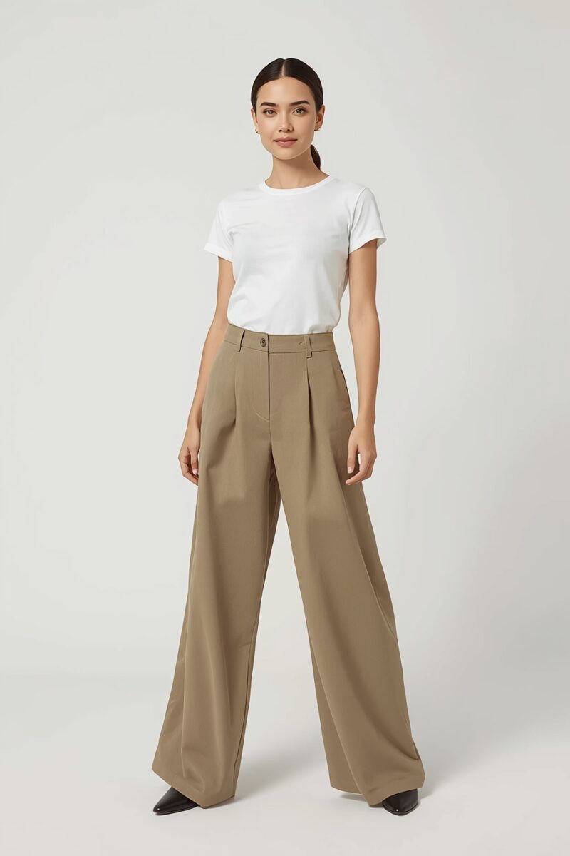 Woman wearing white fitted crew-neck t-shirt and wide-leg khaki trousers with black pointed-toe flats