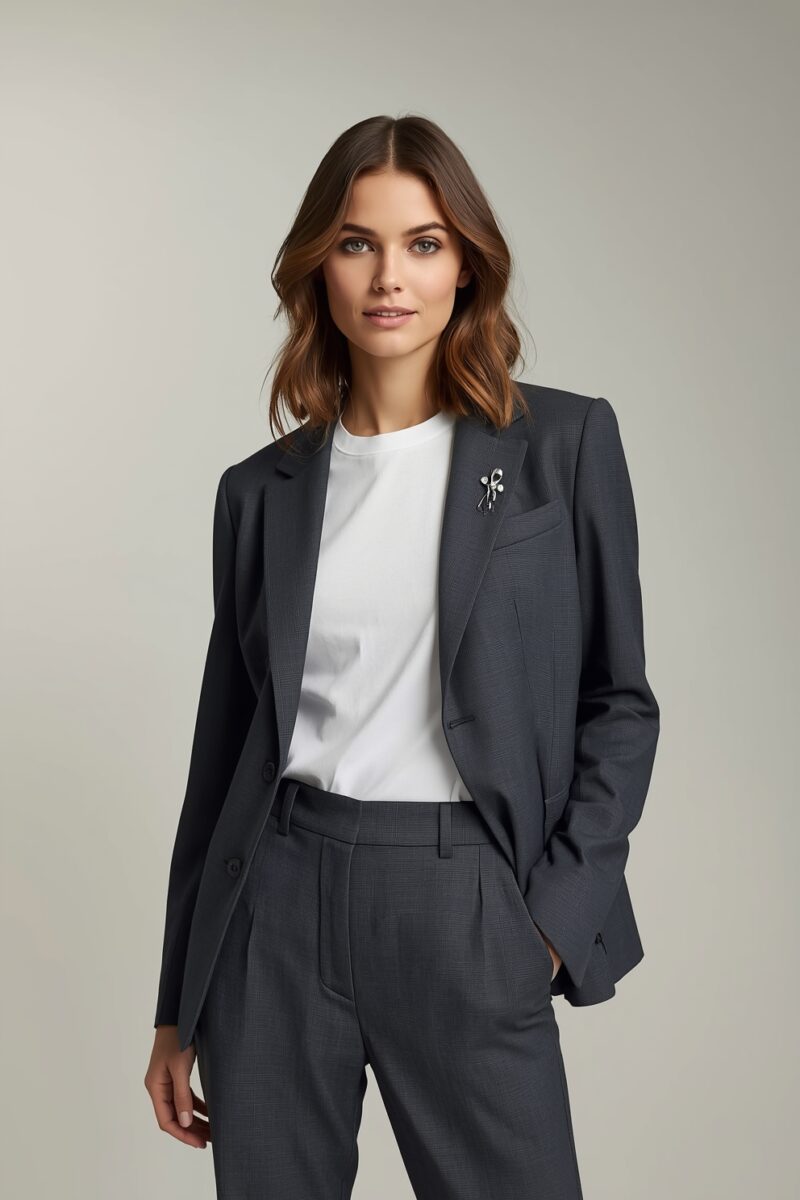 Woman wearing dark charcoal grey blazer suit with white t-shirt and pearl brooch accessory