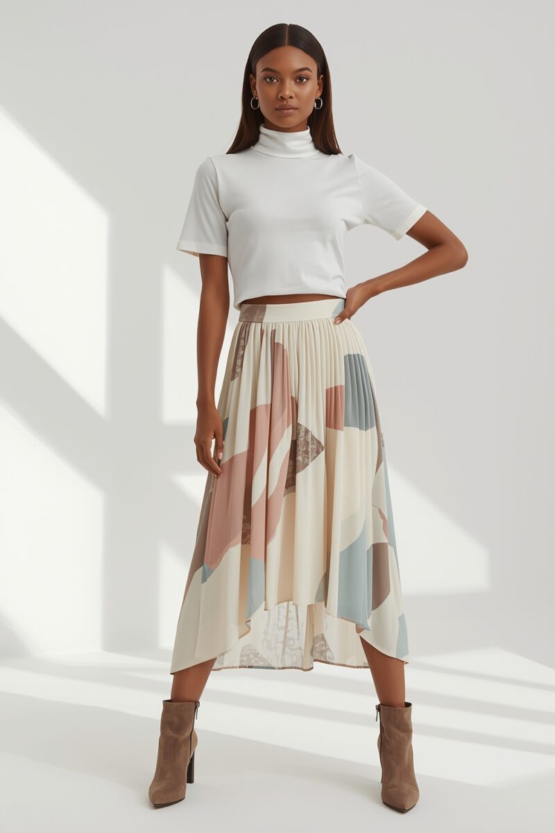 Woman wearing white crop turtleneck top with pleated geometric print midi skirt and tan suede ankle boots
