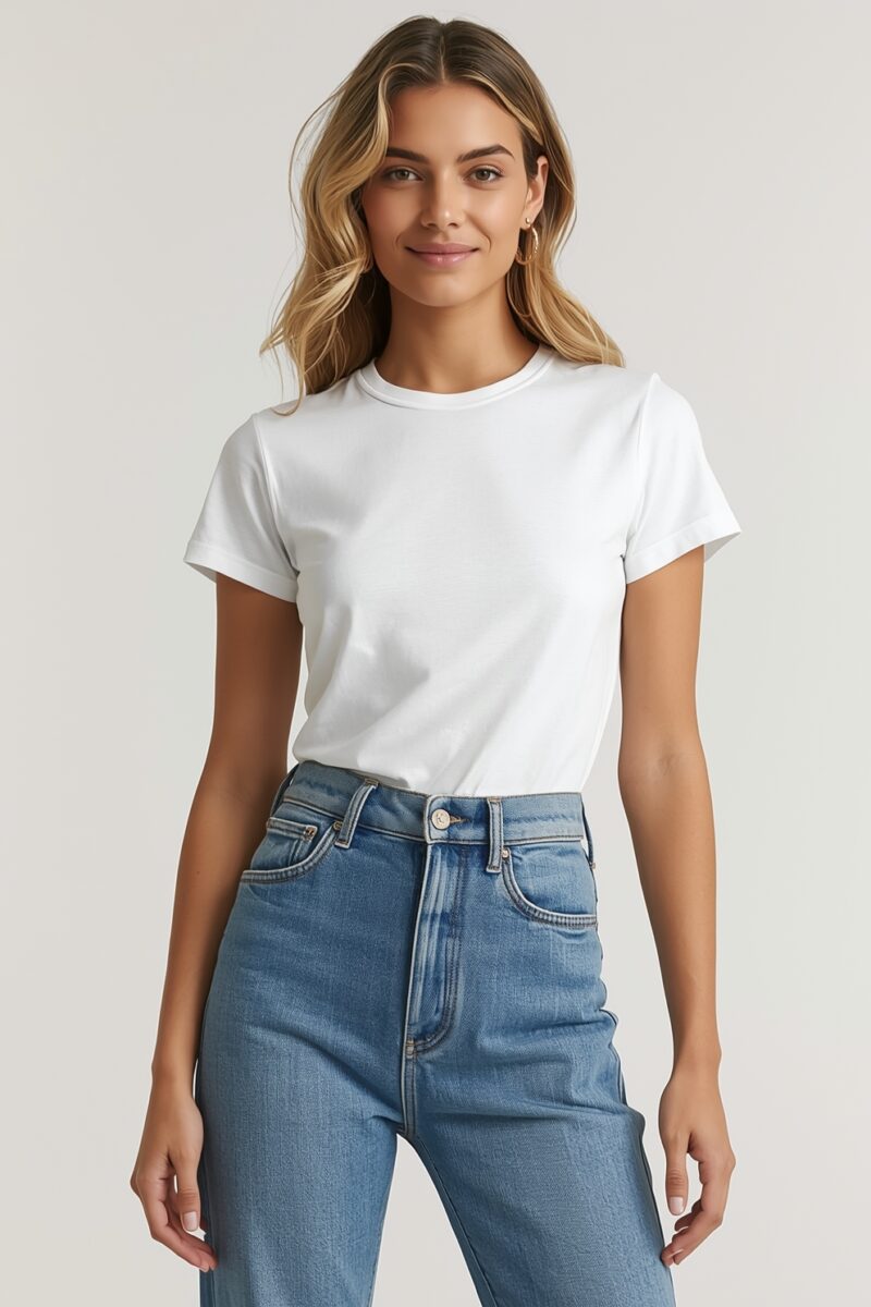 Woman wearing a white fitted crew neck t-shirt with high-waist blue denim jeans, casual everyday outfit