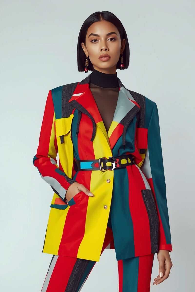 Female model wearing bold color-block suit with red, yellow, and teal vertical stripes, black turtleneck, and statement belt