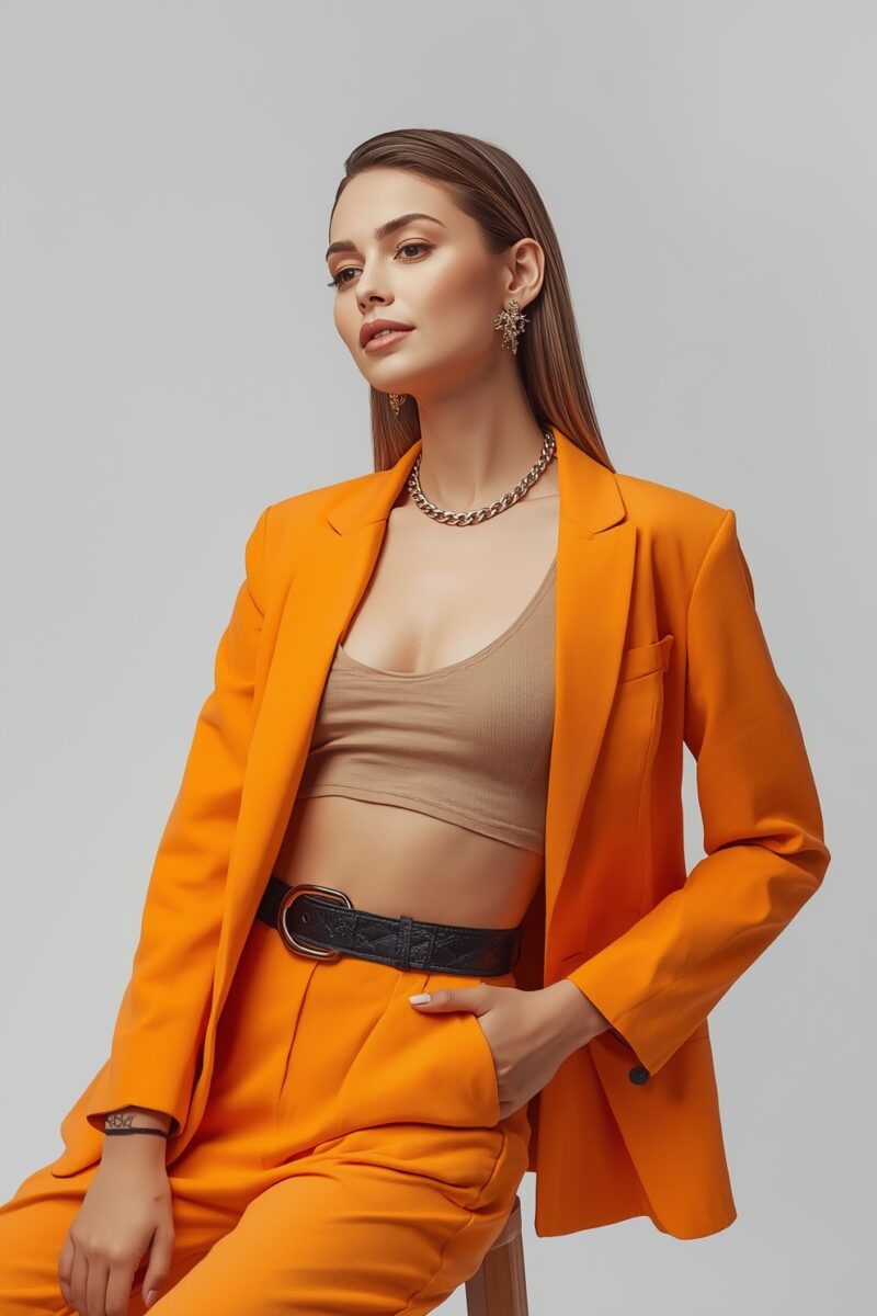 Woman wearing a vibrant orange blazer suit with beige crop top, gold chain necklace, and black belt