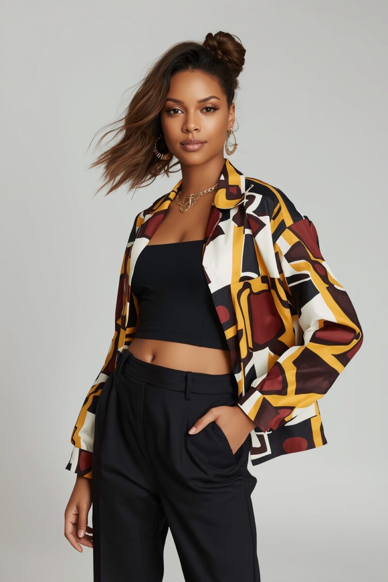 Woman wearing bold geometric print open jacket over black crop top and black trousers with gold jewelry