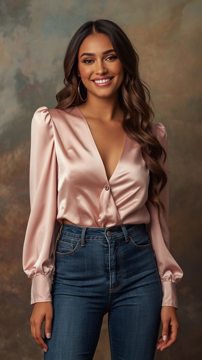 Young woman smiling in pink satin blouse with puff sleeves and high-waist dark blue jeans