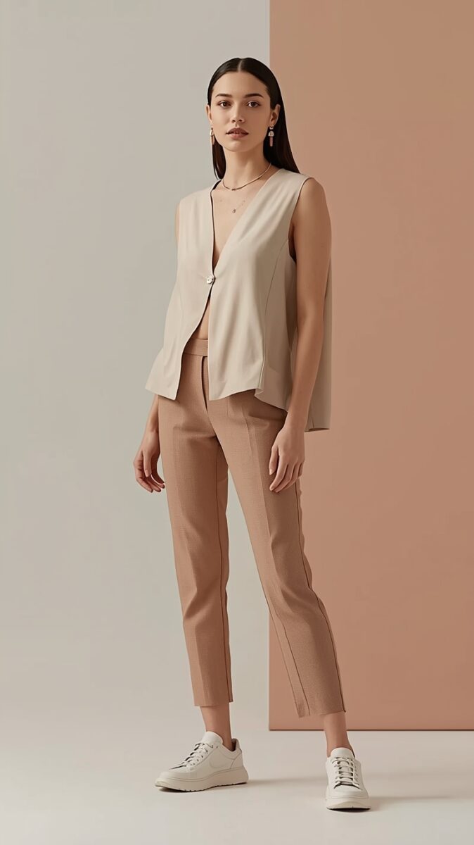 Woman wearing beige sleeveless vest, tan tailored trousers, and white sneakers against a neutral backdrop