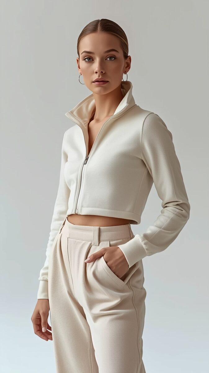 Woman wearing white cropped zip-up jacket and beige wide-leg trousers against a light background