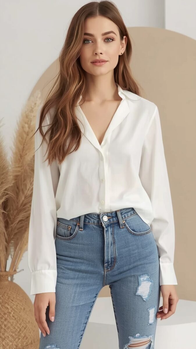 Woman wearing white button-down shirt tucked into light blue ripped skinny jeans in neutral studio setting