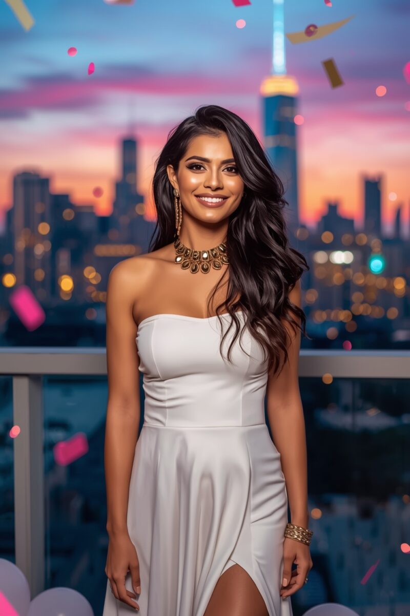 Woman in white strapless gown with gold jewelry smiling on rooftop with city skyline at sunset