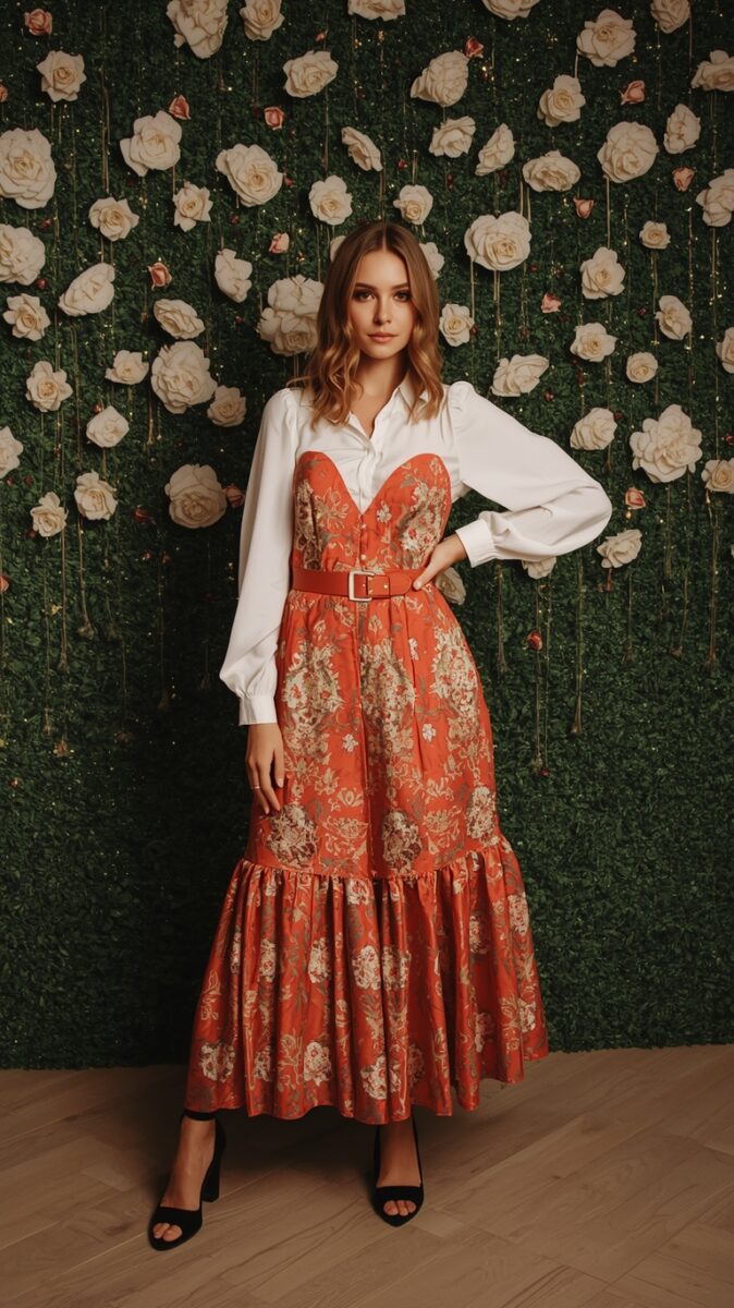 Woman in white blouse and orange floral maxi skirt with belt, standing before a rose flower wall backdrop