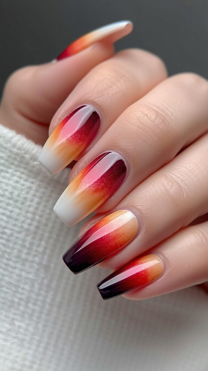 Close-up of coffin-shaped nails with sunset ombre design blending burgundy, red, orange, and white