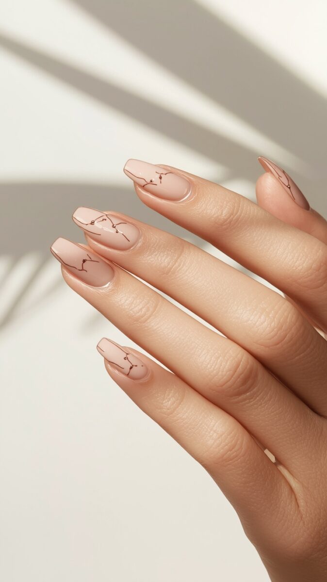 Close-up of a hand with nude pink nails featuring delicate thin-line constellation nail art design