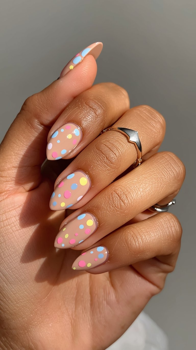 Almond-shaped nude nails with colorful pastel polka dots in pink, blue, yellow, and white on medium skin tone hand