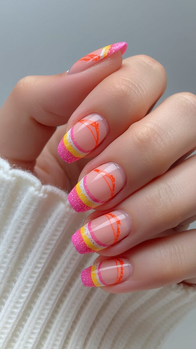 Close-up of manicured nails with colorful French tips in pink, yellow, orange, and white stripe nail art design