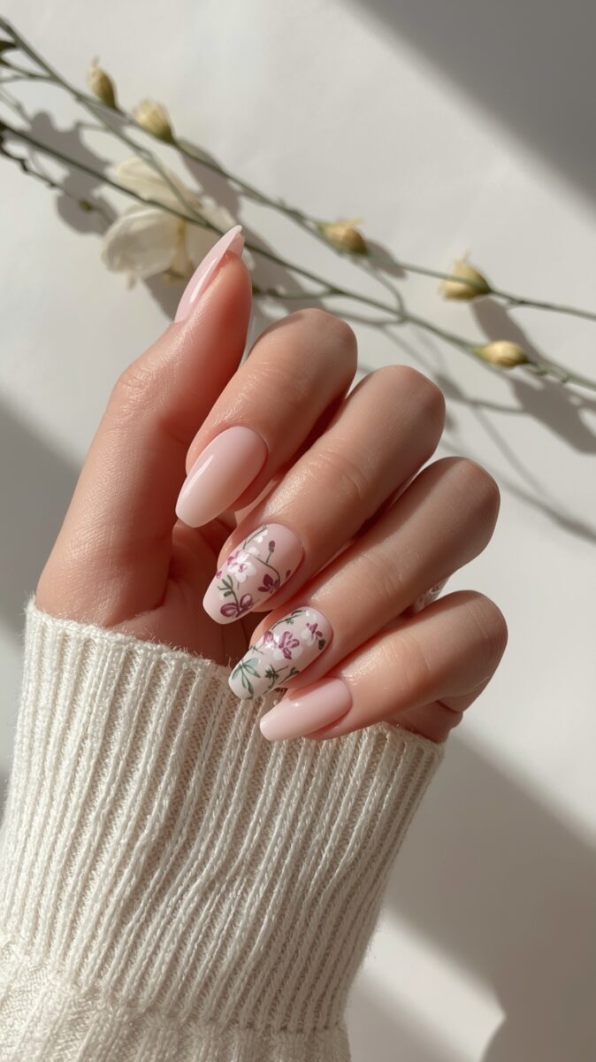 Hand with soft pink almond nails featuring floral accent nail art with purple flowers and green leaves on white base
