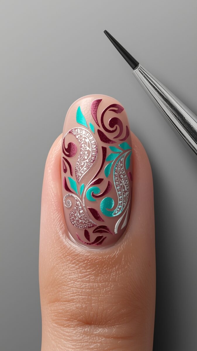 Close-up of a finger with intricate paisley nail art in burgundy, teal, and silver on a nude base with a nail art brush
